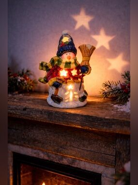 Festive Ceramic Snowman Lantern with Star Cutouts- Tea Light Holder